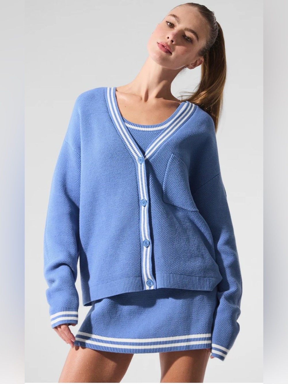 ALO Yoga  NWT Tennis Club Sweater Knit Cardigan Crystal Clear Blue White Size M